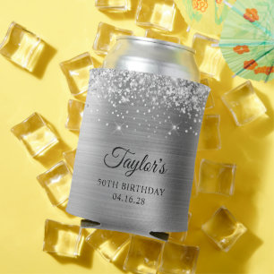 Glittery Silver Foil 50th Birthday Can Cooler