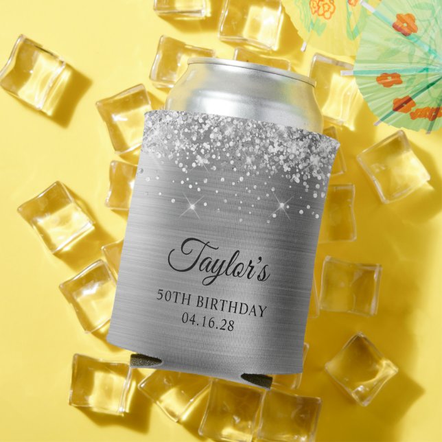 Glittery Silver Foil 50th Birthday Can Cooler (In Situ Summer)