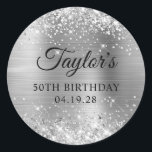 Glittery Silver Foil 50th Birthday Classic Round Sticker<br><div class="desc">Create your own 50th birthday party favor stickers. Girly faux sparkly silver glitter on the top and bottom edge, over a faux stainless steel metallic style ombre foil. Customize the font styles to create your own favor sticker design for her special celebration. A classic elegant calligraphy paired with an all...</div>