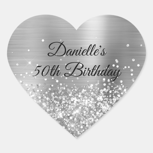 Glittery Silver Foil 50th Birthday Heart Sticker (Front)
