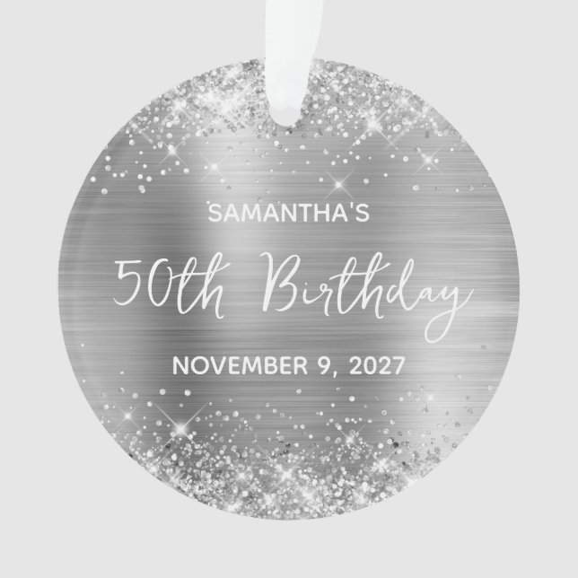 Glittery Silver Foil 50th Birthday Ornament (Front)