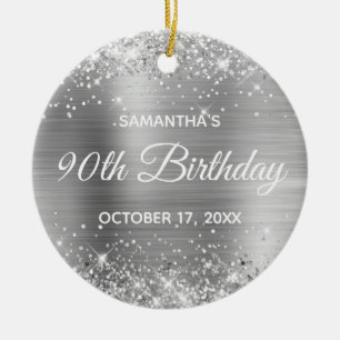 Glittery Silver Foil 90th Birthday Ceramic Ornament