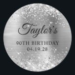 Glittery Silver Foil 90th Birthday Classic Round Sticker<br><div class="desc">Create your own 90th birthday party favour stickers. Girly faux sparkly silver glitter on the top and bottom edge, over a faux stainless steel metallic style ombre foil. Customise the font styles to create your own favour sticker design for her special celebration. A classic elegant calligraphy paired with an all...</div>