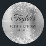 Glittery Silver Foil 90th Birthday Classic Round Sticker<br><div class="desc">Create your own 90th birthday party favour stickers. Girly faux sparkly silver glitter on the top and bottom edge, over a faux stainless steel metallic style ombre foil. Customise the font styles to create your own favour sticker design for her special celebration. A classic elegant calligraphy paired with an all...</div>