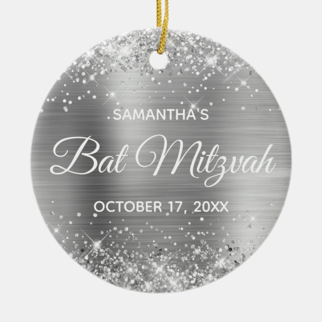 Glittery Silver Foil Bat Mitzvah Ceramic Ornament (Front)