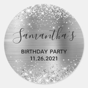 Glittery Silver Foil Birthday Party Classic Round Sticker