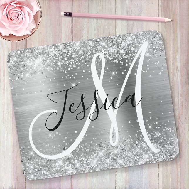 Glittery Silver Foil Black and White Monogram Mouse Pad (Creator Uploaded)