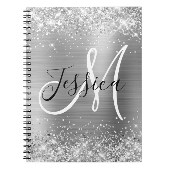 Glittery Silver Foil Black and White Monogram Notebook (Front)