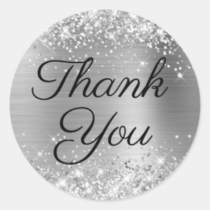 Glittery Silver Foil Black Elegant Thank You Classic Round Sticker