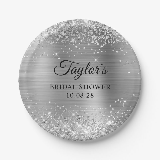 Glittery Silver Foil Bridal Shower Paper Plate (Front)