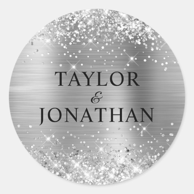 Glittery Silver Foil Bride & Groom Wedding Classic Round Sticker (Front)