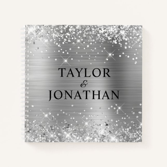 Glittery Silver Foil Bride & Groom Wedding Guest Notebook (Front)