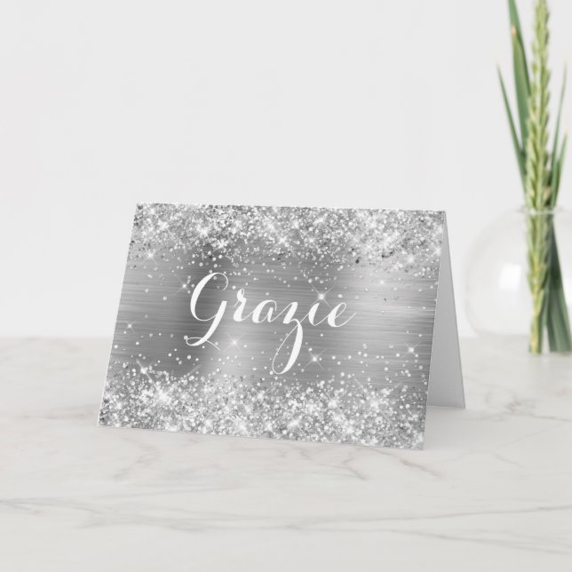 Glittery Silver Foil Classic Script Grazie Thank You Card (Front)