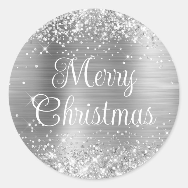 Glittery Silver Foil Curly Merry Christmas Classic Round Sticker (Front)