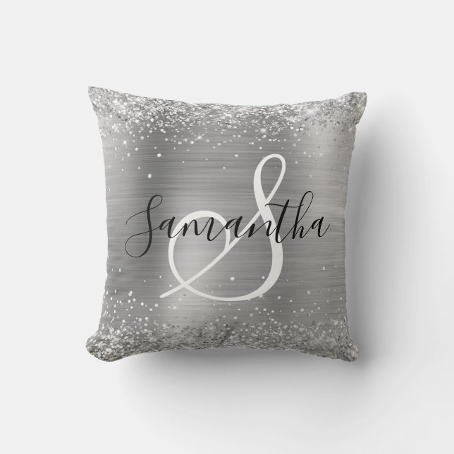 Glittery Silver Foil Elegant Monogrammed Cushion (Front)