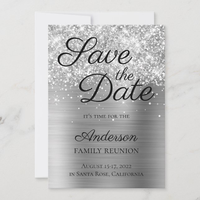 Glittery Silver Foil Family Reunion Save The Date (Front)