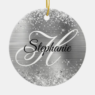 Glittery Silver Foil Fancy Monogram Ceramic Ornament