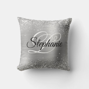 Glittery Silver Foil Fancy Monogram Cushion