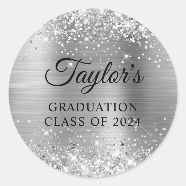 Glittery Silver Foil Graduation Classic Round Sticker (Front)