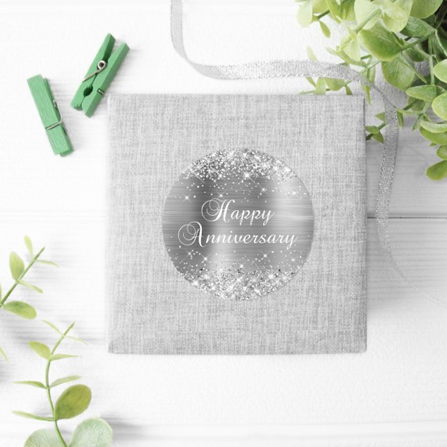 Glittery Silver Foil Happy Anniversary Classic Round Sticker (Silvery Glitter Favor Stickers)
