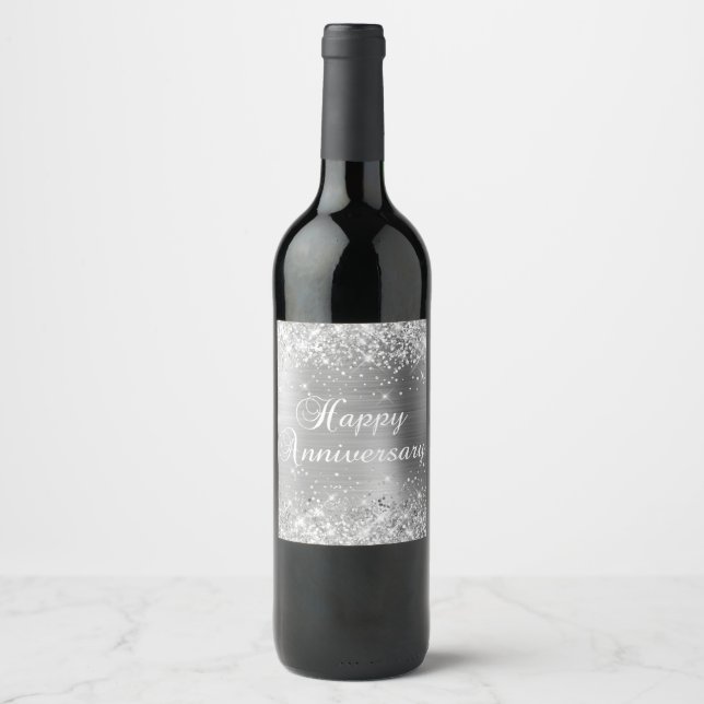Glittery Silver Foil Happy Anniversary Wine Label (Front)