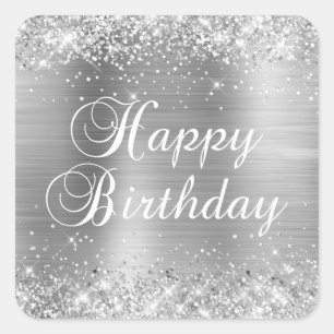 Glittery Silver Foil Happy Birthday Square Sticker