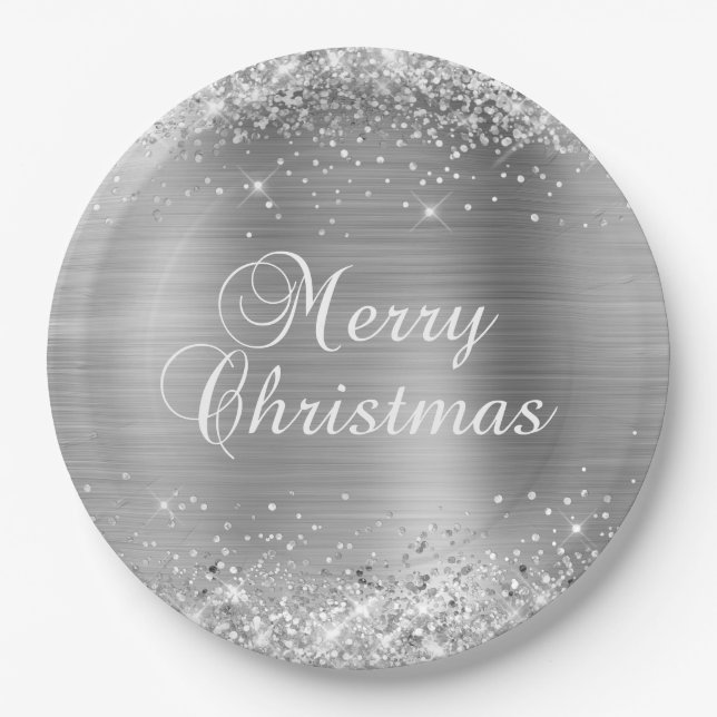 Glittery Silver Foil Merry Christmas Paper Plate (Front)