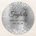 Glittery Silver Foil Mis XV Anos Round Paper Coaster<br><div class="desc">Create your own quinceanera 15th birthday party round paper coasters. Girly faux sparkly silver glitter on the top and bottom edge, over a faux stainless steel metallic style ombre foil. Customise the font styles to create your own design for her special celebration. A classic elegant calligraphy paired with an all...</div>