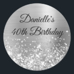 Glittery Silver Foil Modern 40th Birthday Classic Round Sticker<br><div class="desc">Create your own fancy monogram stylish milestone birthday celebration envelope seals for her. The background features a silver ombre brushed metal style foil digital art graphic. Along the bottom is a band of silvery grey faux glitter girly glam. Customise the font colour, size or style. The luxury sparkles, glitter and...</div>