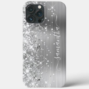 Glittery Silver Foil Modern Girly Signature iPhone 13 Pro Max Case