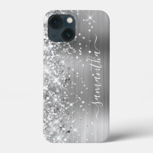 Glittery Silver Foil Modern Girly Signature iPhone 13 Mini Case