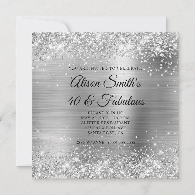Glittery Silver Foil Monogram 40 & Fabulous Invitation (Front)