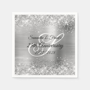 Glittery Silver Foil Monogrammed 25th Anniversary Napkin