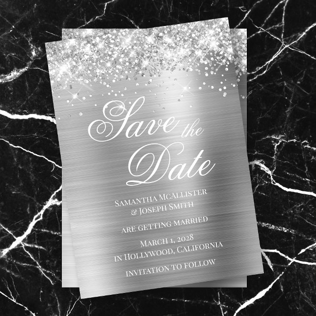 Glittery Silver Foil Photo Save the Date Invitation (Creator Uploaded)