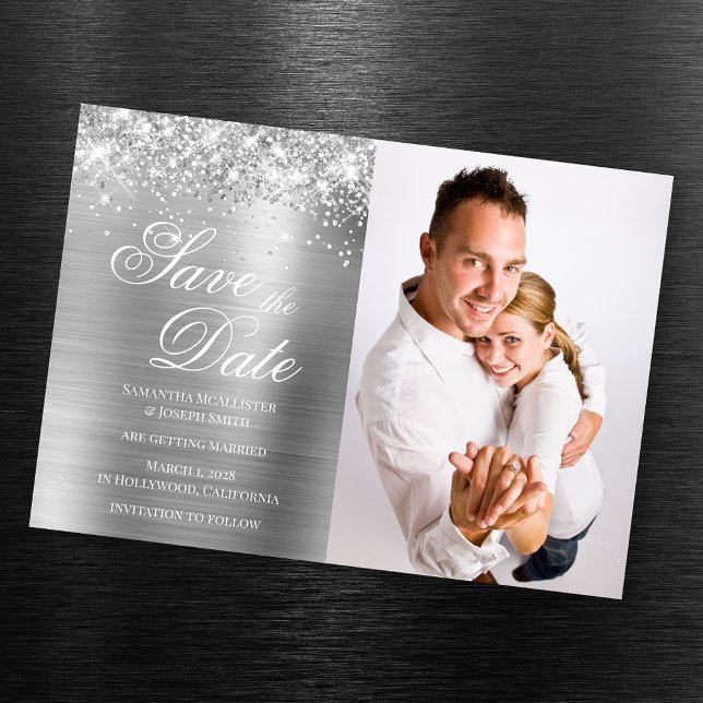 Glittery Silver Foil Photo Save the Date Magnetic Invitation (Creator Uploaded)