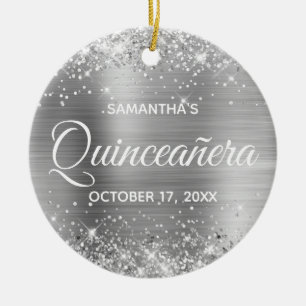 Glittery Silver Foil Quinceañera Ceramic Ornament