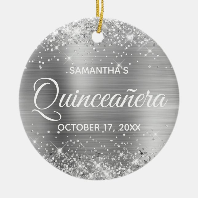 Glittery Silver Foil Quinceañera Ceramic Ornament (Front)