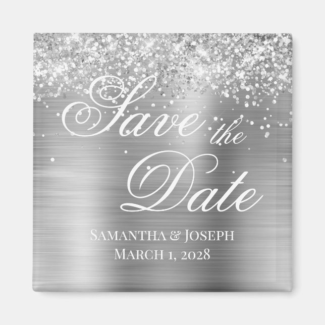Glittery Silver Foil Save the Date Magnet (Front)