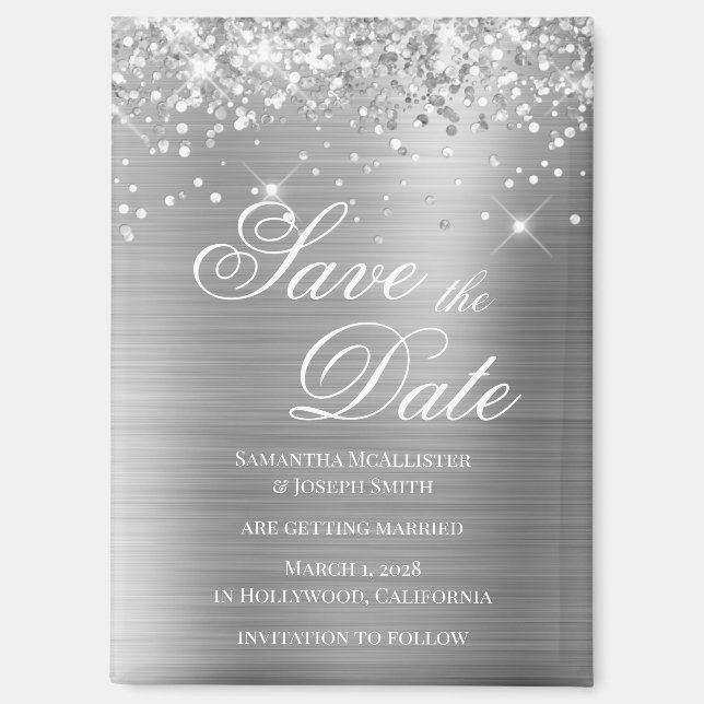 Glittery Silver Foil Save the Date Magnet (Front)