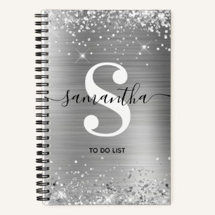 Glittery Silver Foil Signature Monogram To Do List Notebook