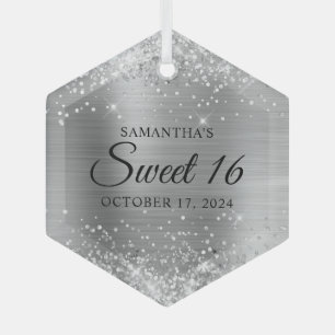 Glittery Silver Foil Sweet 16 Glass Tree Decoration