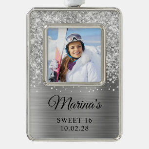 Glittery Silver Foil Sweet 16 Photo Plated Framed Ornament