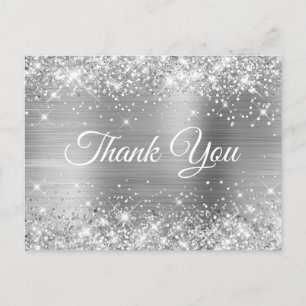 Glittery Silver Foil Sweet 16 Thank You Postcard
