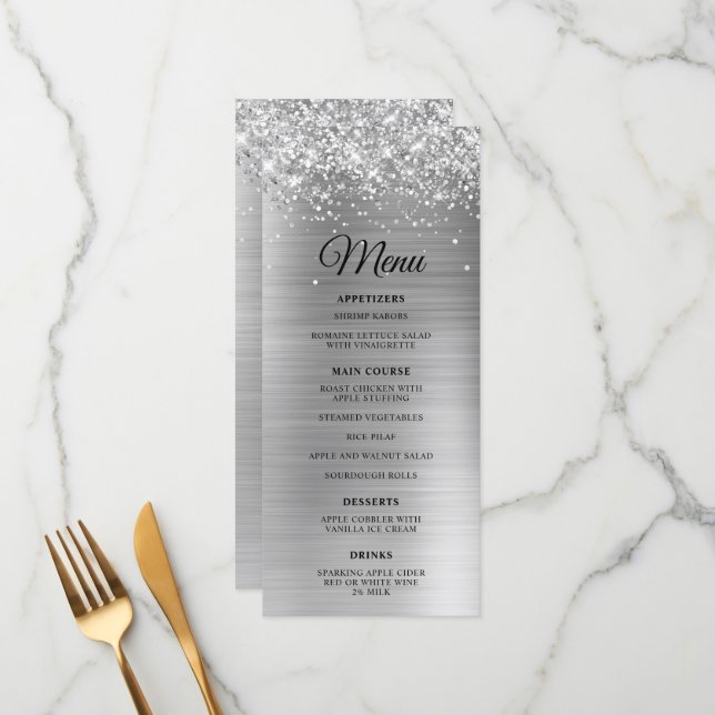 Glittery Silver Foil Wedding Reception Menu (Front/Back In Situ)