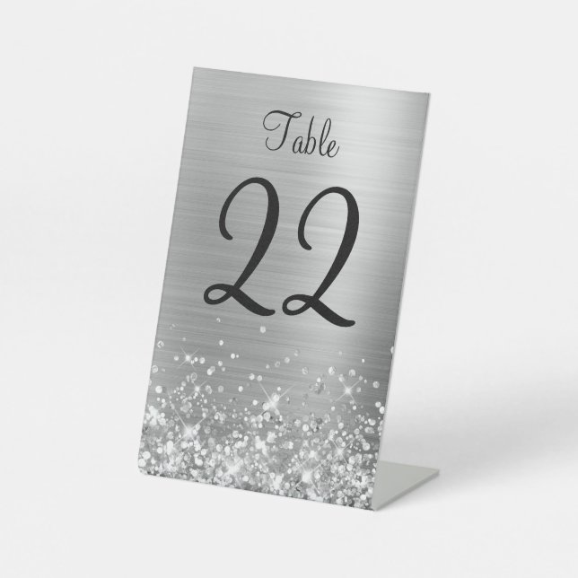 Glittery Silver Foil Wedding Table Number Sign (Front)