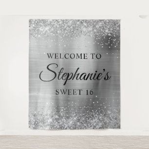 Glittery Silver Foil Welcome to Sweet 16 Tapestry