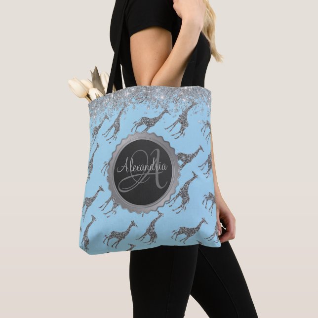 Glittery Silver Giraffe on Blue Personalised Tote Bag (Close Up)