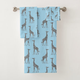 Glittery Silver Giraffe on Dreamy Blue Bath Towel Set