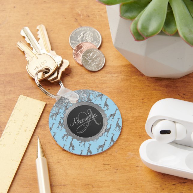 Glittery Silver Giraffe on Dreamy Blue Monogram Key Ring (Desk)