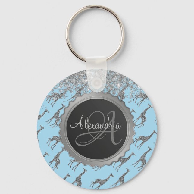 Glittery Silver Giraffe on Dreamy Blue Monogram Key Ring (Front)